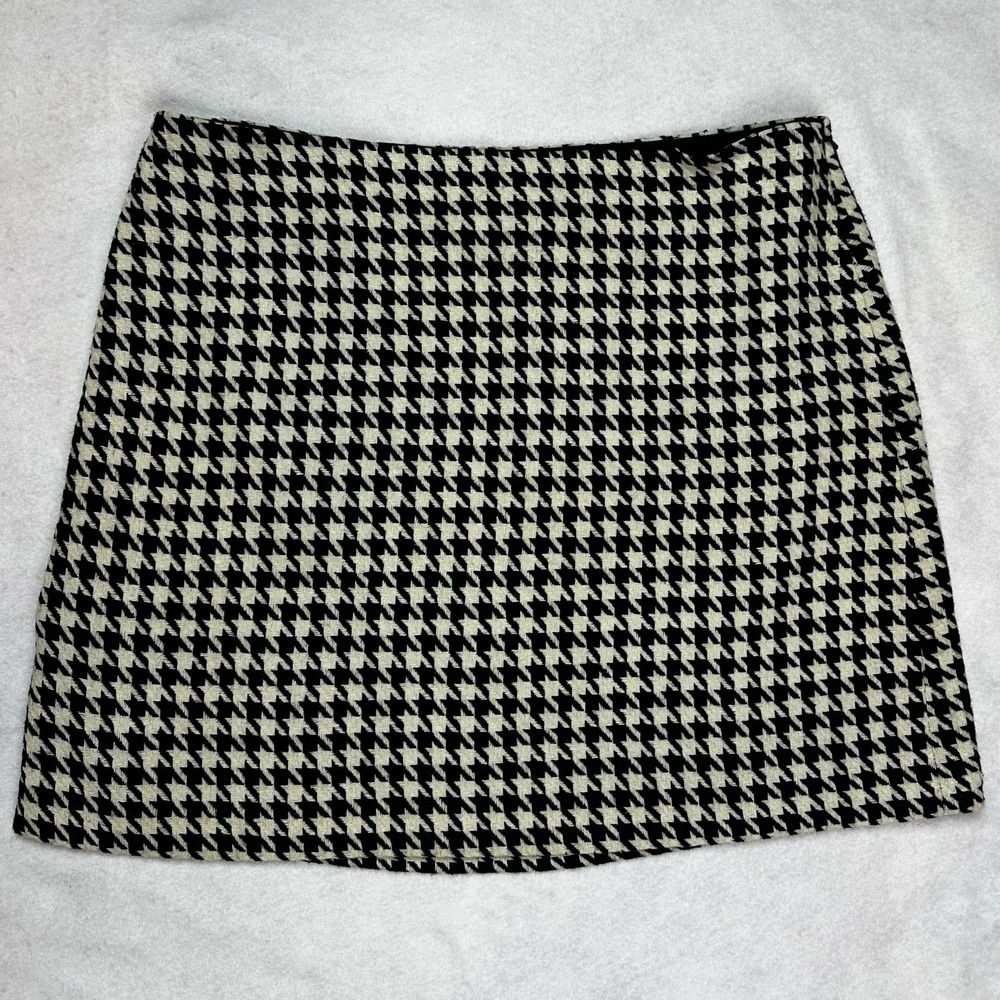 J.Crew Factory Houndstooth Mini Skirt 12 Black Ivory Lined Zip Academia Preppy